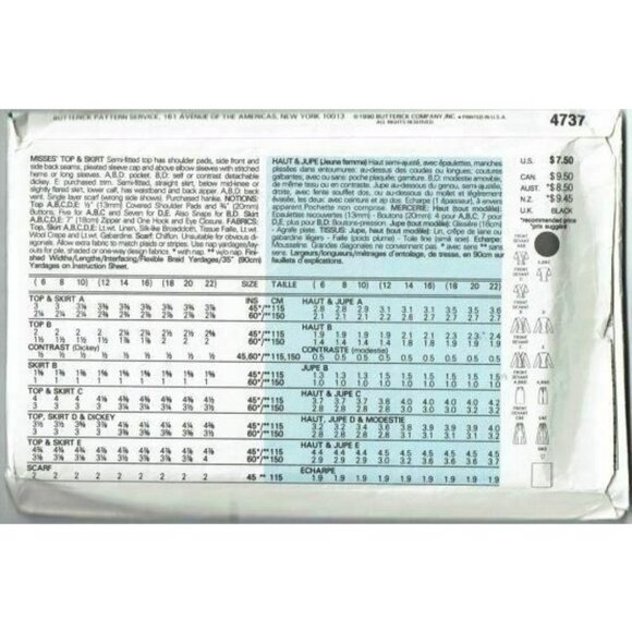 Butterick Sewing Pattern 4737 Misses Top Skirt Size 6-10 - Picture 2 of 2